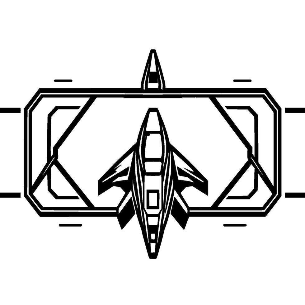 Geometric Black and White Isometric Illustration of a Futuristic Spaceship Inside a Framed Geometric Structure. vector