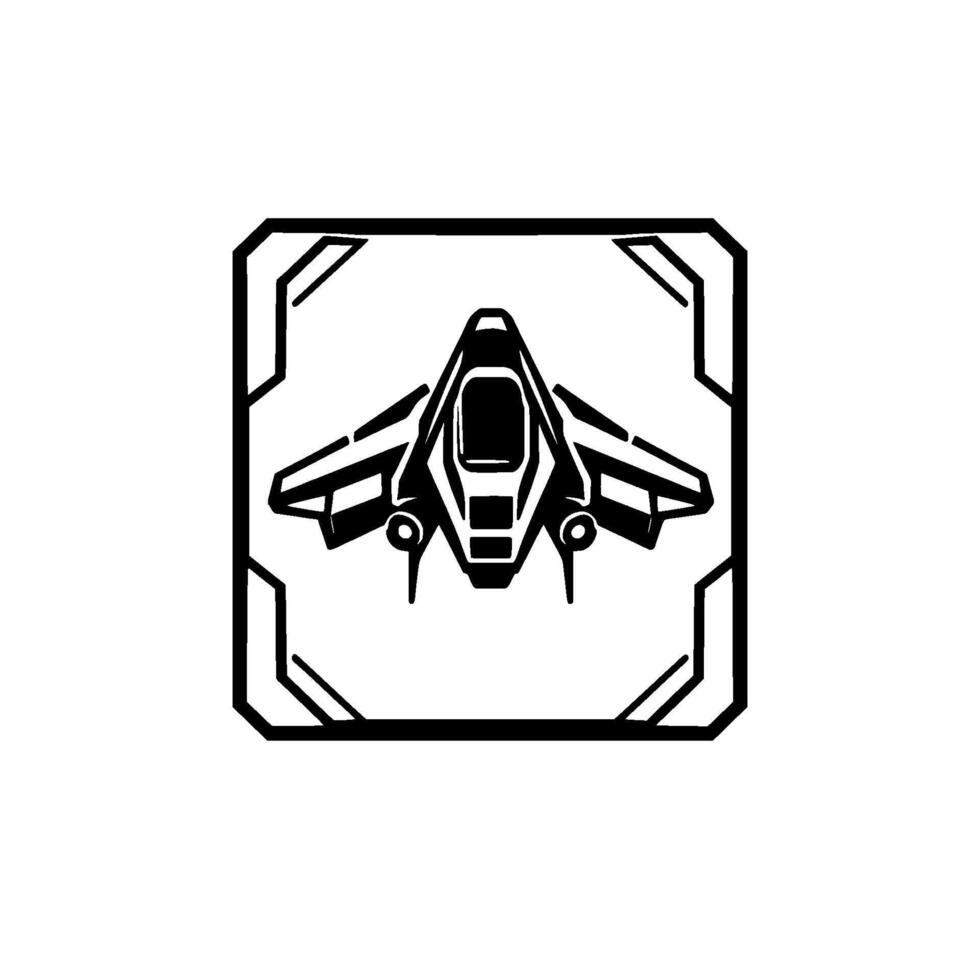 Vectorized Black and White SciFi Aircraft Within a Geometric Border, Flat , Futuristic Aesthetic. vector