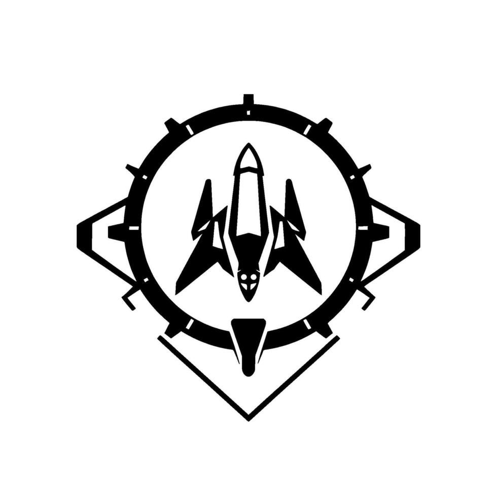 Minimalist Black and White Futuristic Spaceship Emblem Enclosed in a Gear and Diamond Frame, Showcasing Precision and Innovation. vector