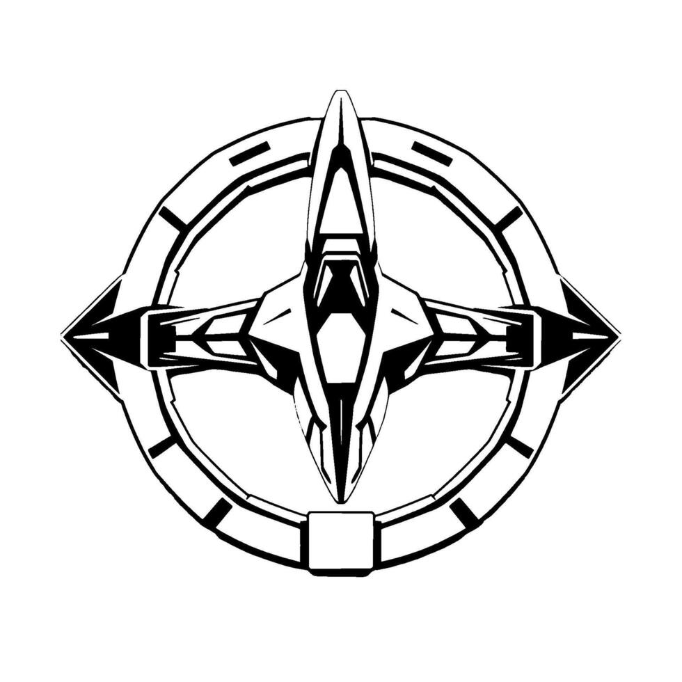 Stylized Black and White Geometric Emblem Futuristic Spaceship Silhouette Centered Within a Circular Framework on White Background. vector