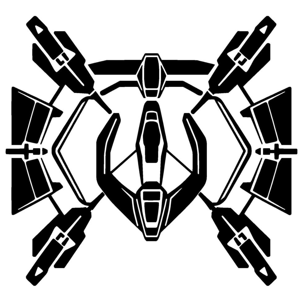 Symmetrical Black and White Futuristic Spaceship Blueprint Depicting a Central Cockpit with Attached WeaponUtility Pods and Auxiliary Components. vector