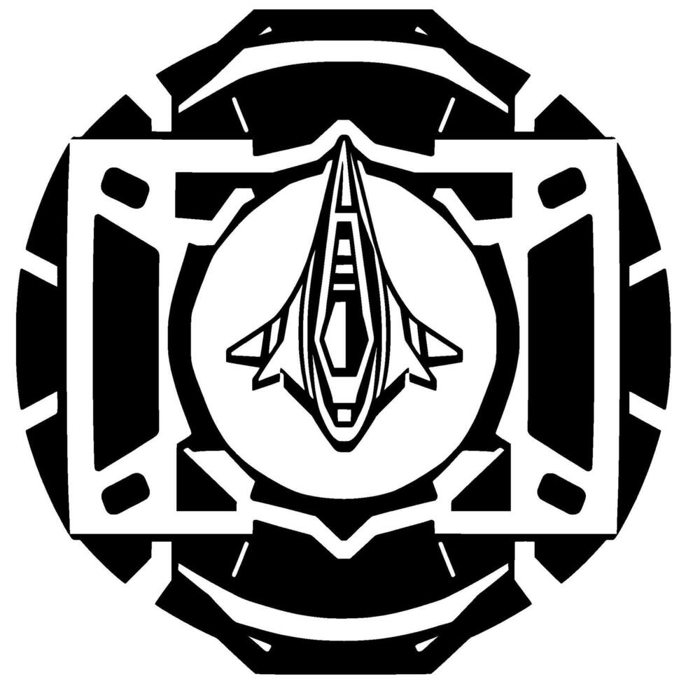 Geometric black and white of a spaceship within a shieldlike, patterned circular emblem. The spacecraft sits inside a square, and a circle. vector