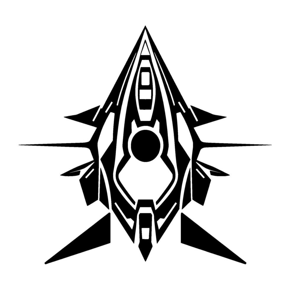 Symmetric black and white minimalist geometric spaceship , futuristic and abstract, detailed with sharp lines and bold shapes. vector