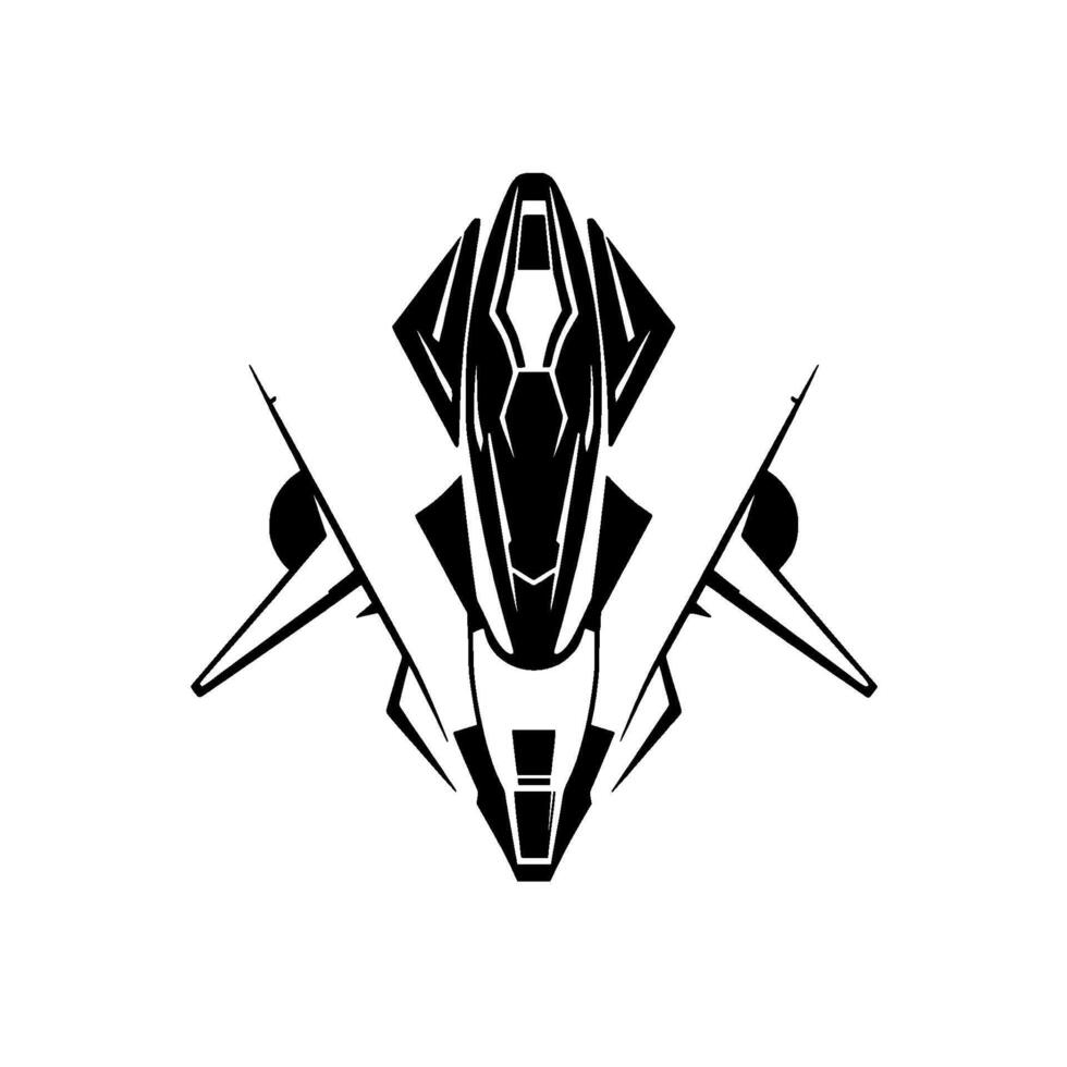 Futuristic Black White Jet Fighter Silhouette, Symmetric , Abstract Geometric Composition, Clean Lines, Monochromatic Minimalist Style. vector