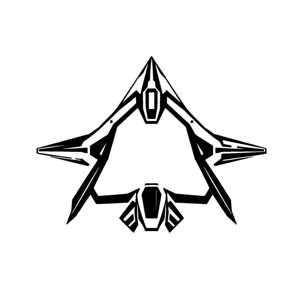 Futuristic Black and White Jet Fighter Silhouette, Minimalist Geometric , Isolated Against a Pure White Backdrop, Symmetric Composition. vector