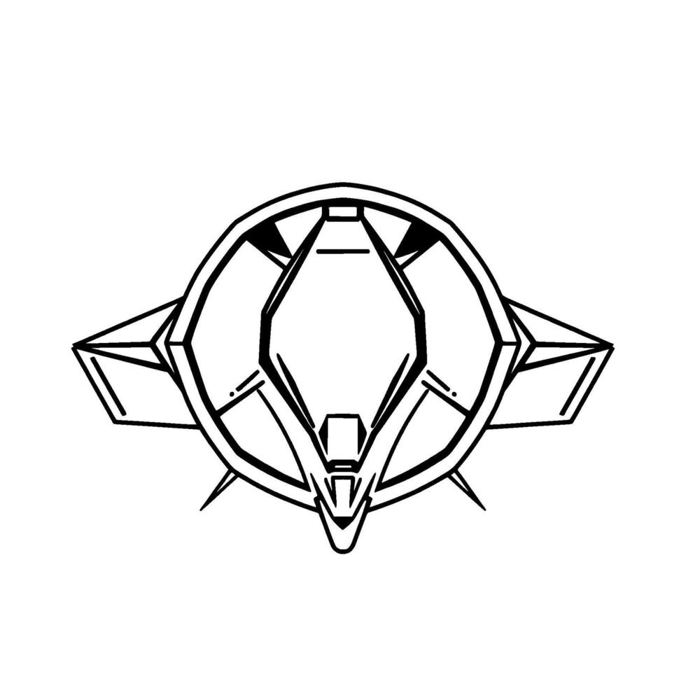 Geometric black and white illustration of a symmetrical, futuristiclooking spacecraft . vector