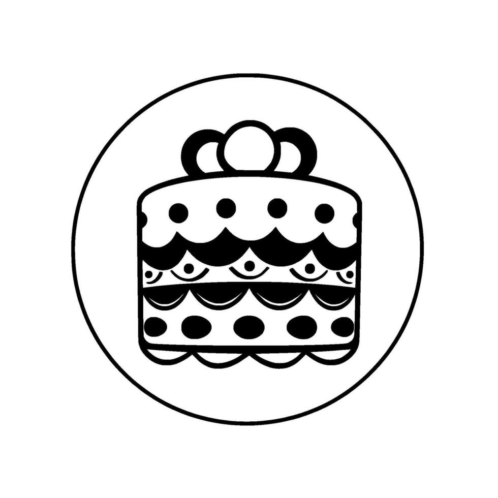 Elegant Black and White Illustration of a Decorated Rectangular Cake with a Bow, Presented Inside a Circle, Emphasizing Simplicity. vector