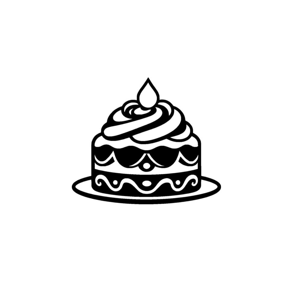 Black and white illustration of a decorated cake with whipped cream frosting and a candlelike shape on a plate, centered on a white background. vector