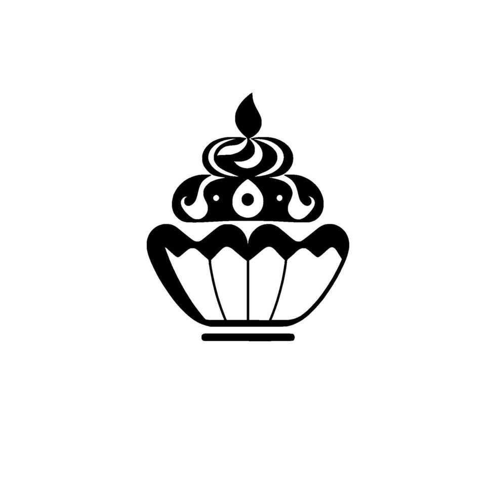 Artistic black and white illustration of a stylized cupcake with intricate icing detail, set against a clean white background, minimalist . vector