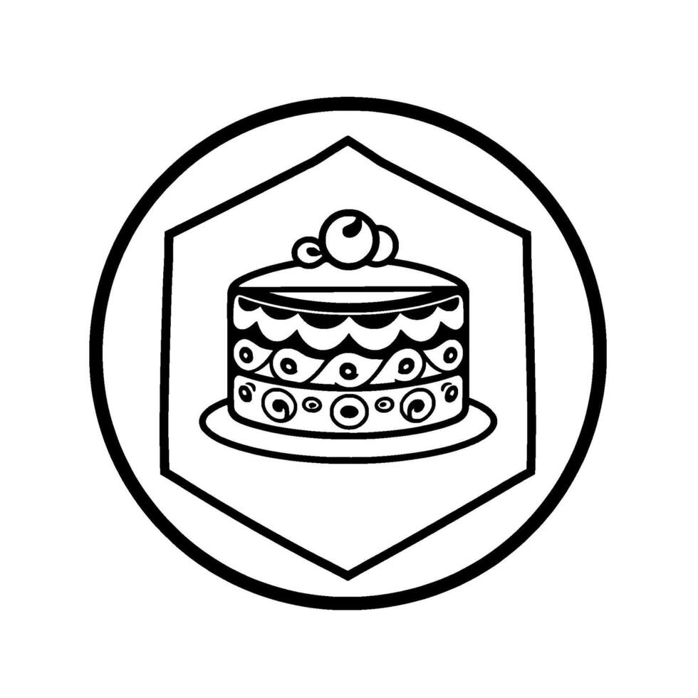 Whimsical Black and White Cake A layered cake adorned with cherries sits within a hexagon and circle border, perfect for logos or designs. vector