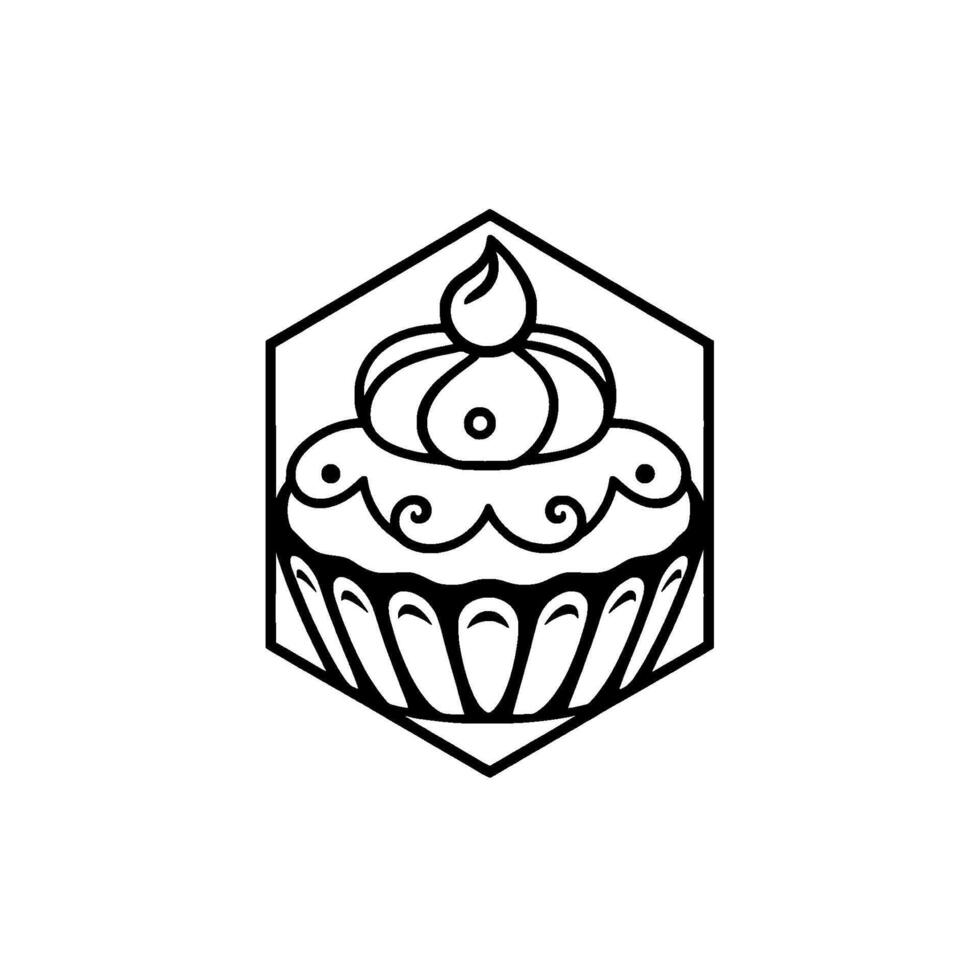 Art Cupcake within a Hexagon A Decorative, BlackandWhite Dessert Illustration with Swirls and Ornate Details. vector
