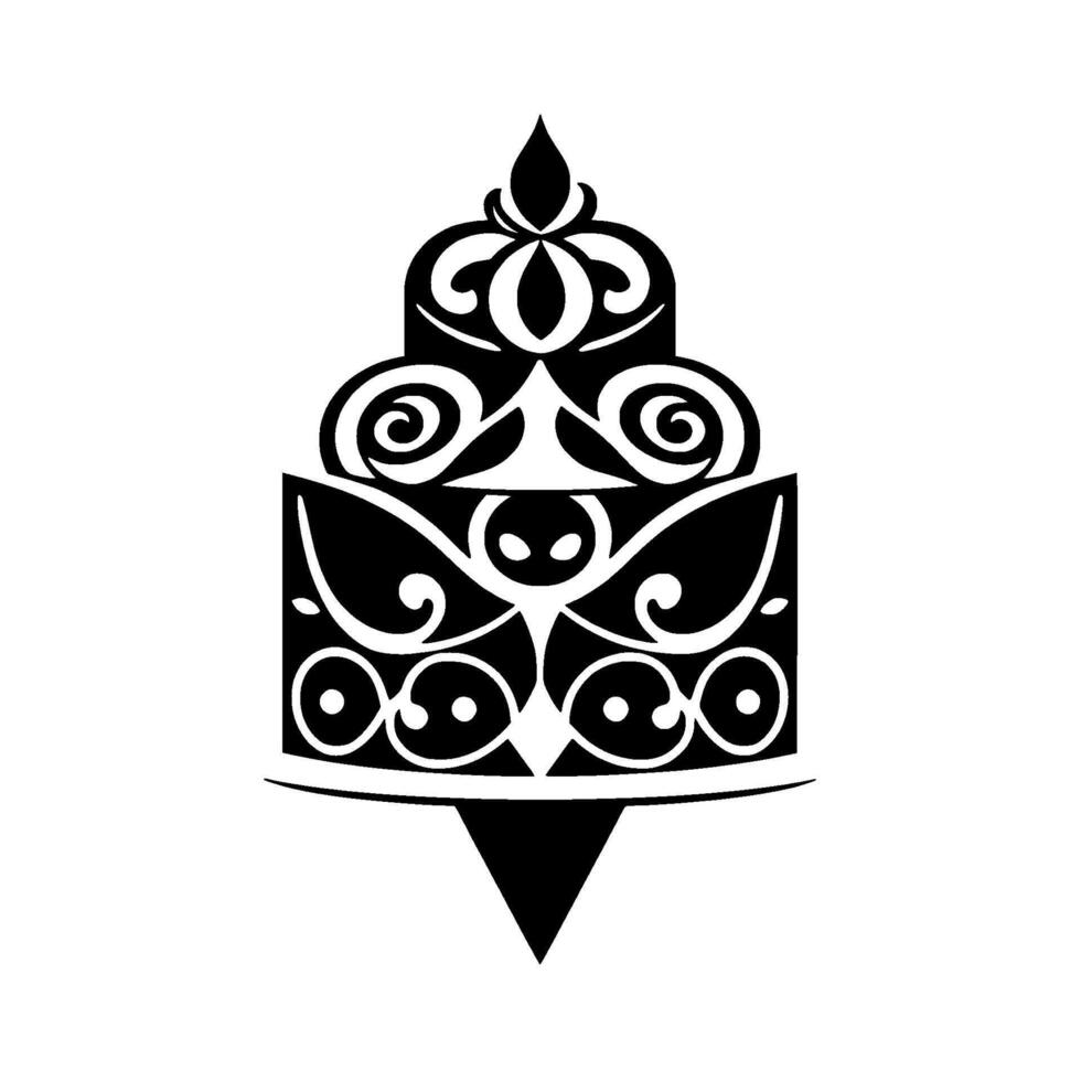Abstract Black and White Ornamental with Geometric Shapes, Swirls, and a Droplet Peak, Against White. vector