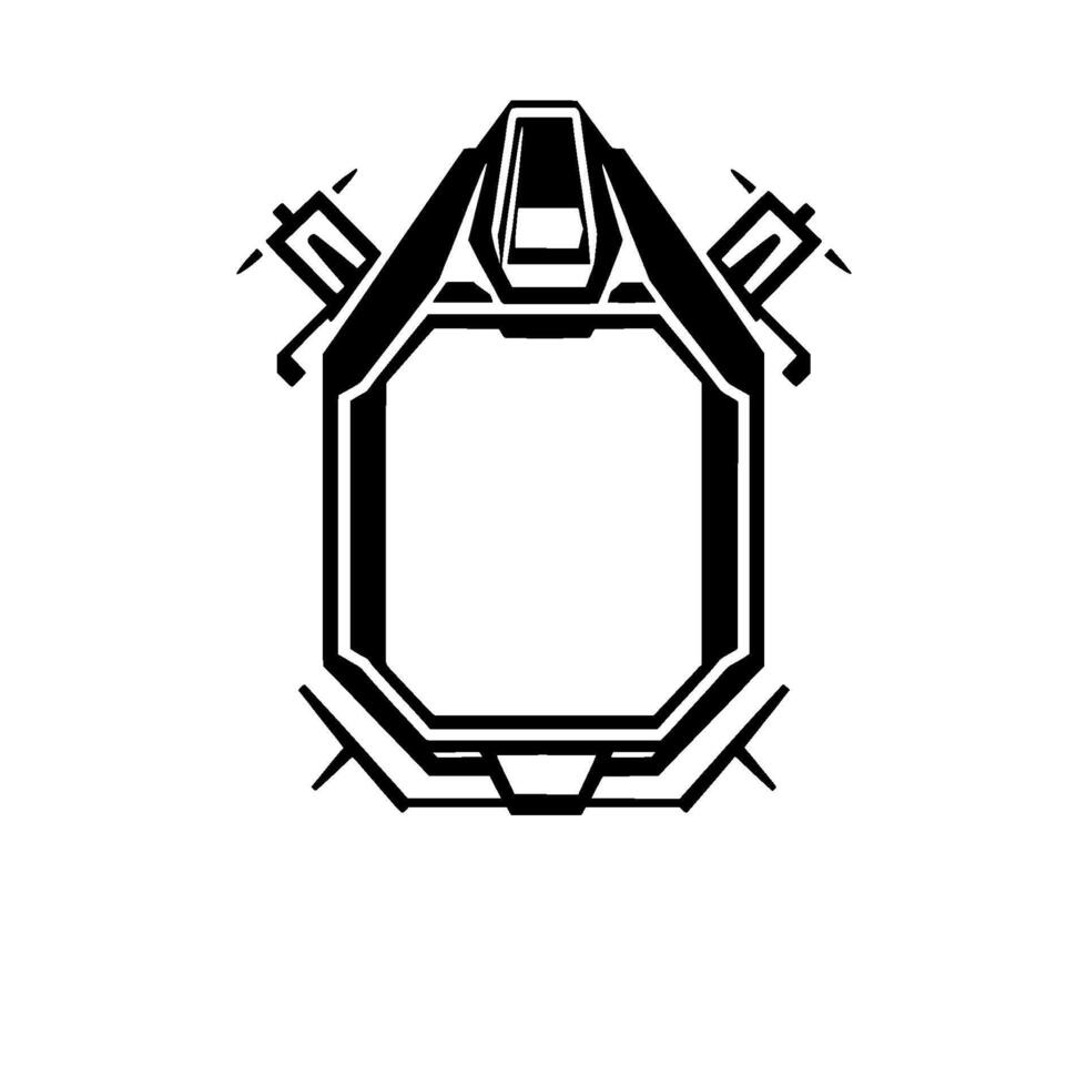 Futuristic Geometric Shield A stylized black and white of a protective emblem with angular lines, featuring a central open shape. vector