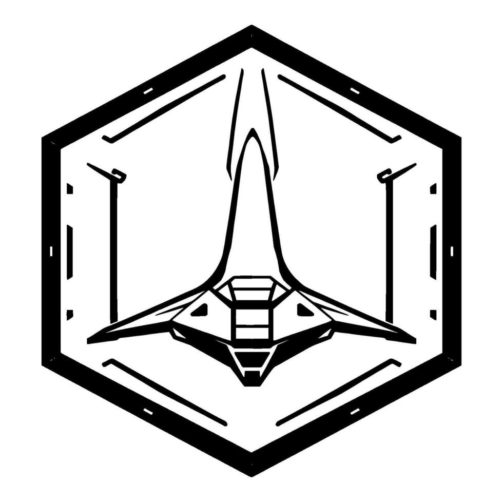 Black and white stylized spaceship emblem within a hexagon, featuring sharp lines and a futuristic, minimalist . vector