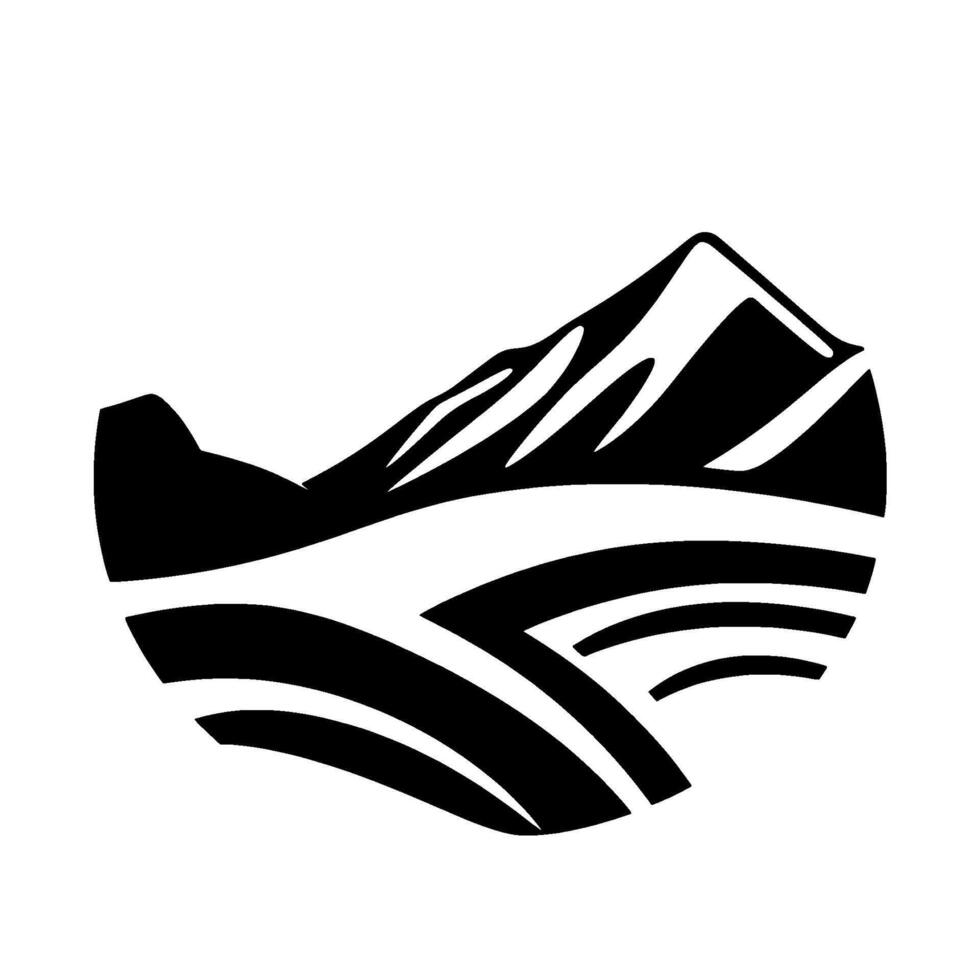 Stylized Black and White Mountain Landscape Inside a Rounded Shape. Featuring Abstract Terrain and Peak. Minimalist . vector