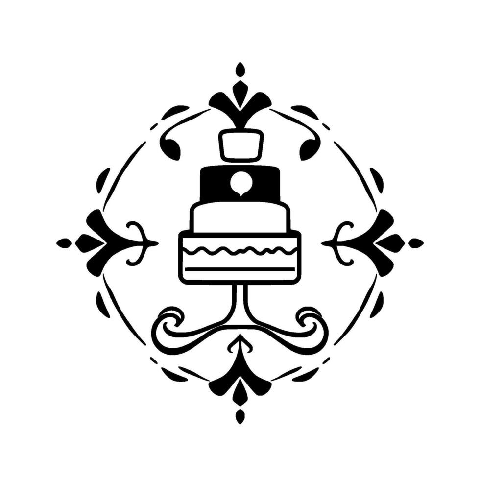 Elegant, Black and White Illustration of a Tiered Cake on a Stand, within a Decorative Floral Frame, Perfect for Events. vector