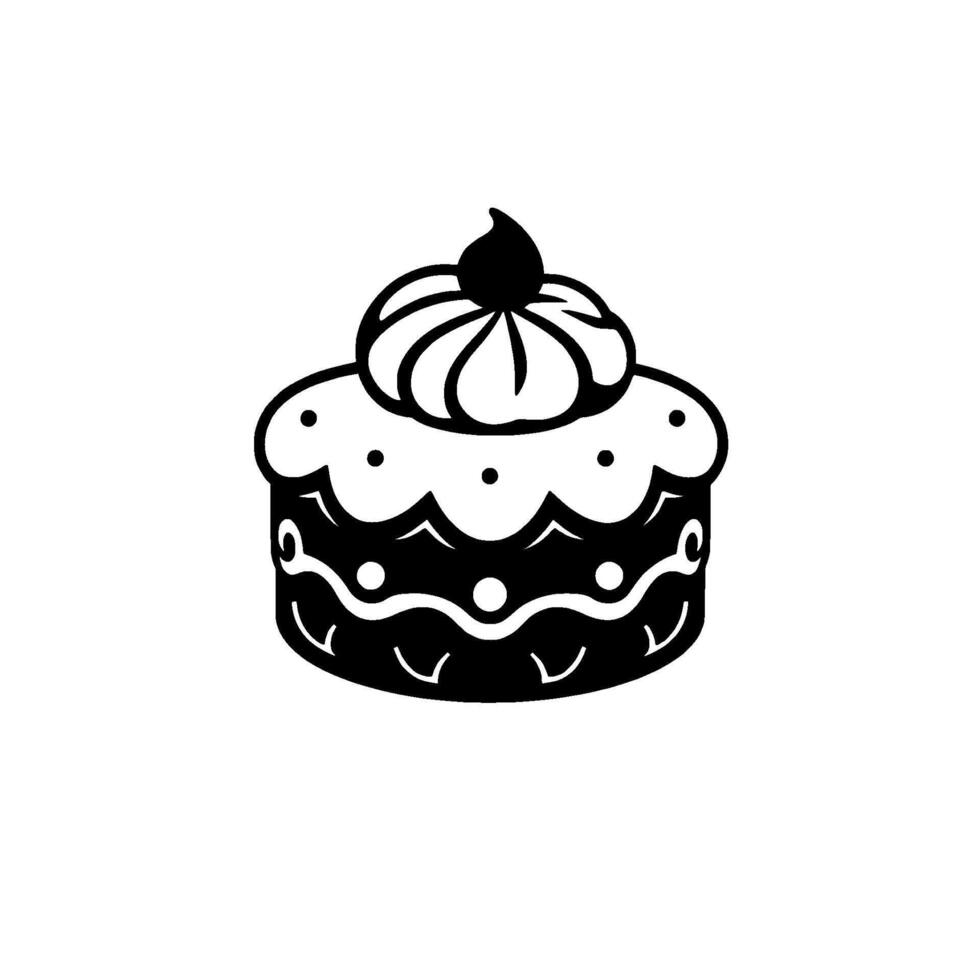 Black and white illustration of a round layered cake with frosting swirl and a cherry on top, isolated on white. vector