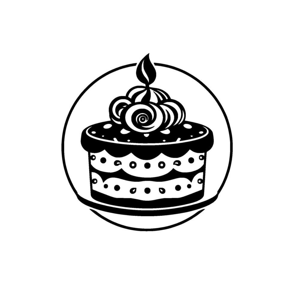 Elegant Black and White Illustration of a Birthday Cake, Surrounded by a Circular Frame, Topped with Swirls and a Candle Flame. vector