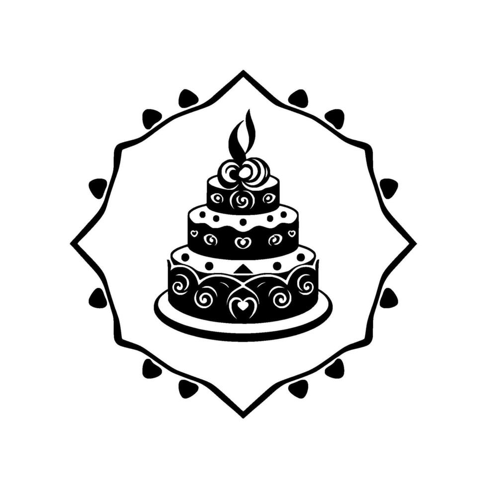 Elegant Black and White Tiered Cake with Ornate Frame A Festive Celebration Symbol for Invitations or Logos. vector