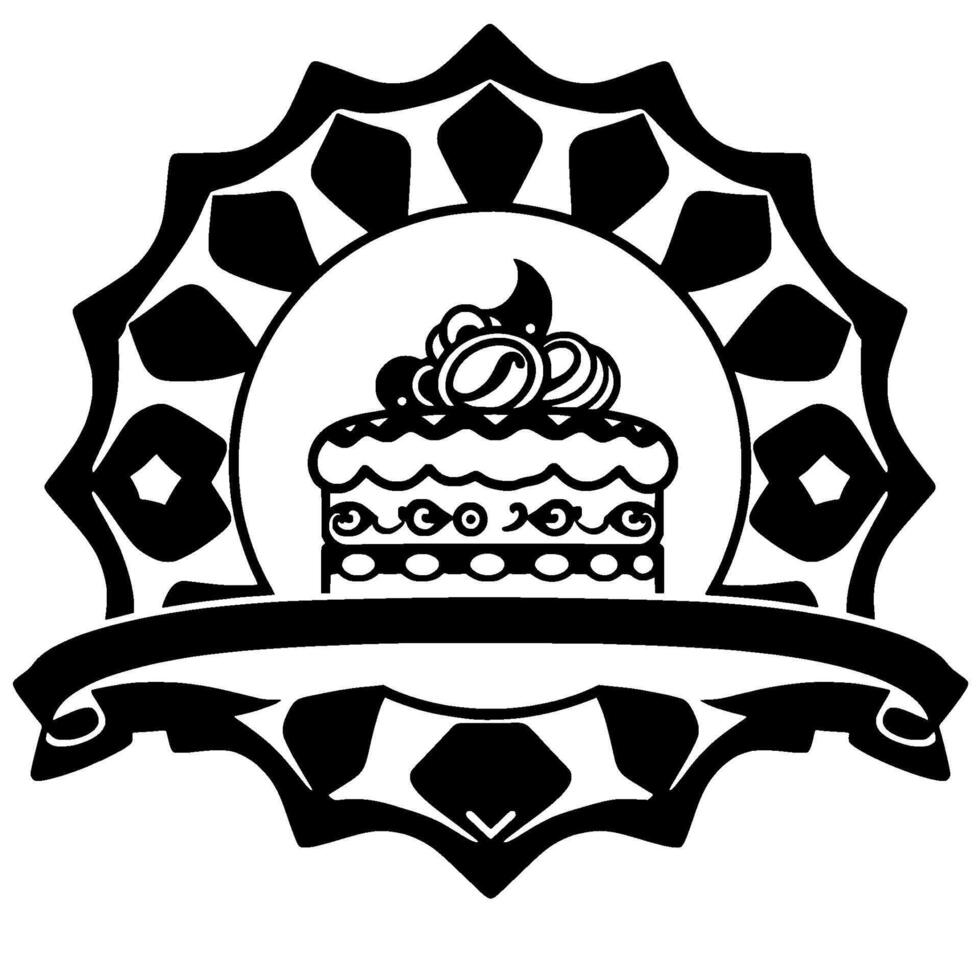 Black and white decorative illustration of a cake inside a stylized circular emblem with a banner, perfect for bakery logos or designs. vector