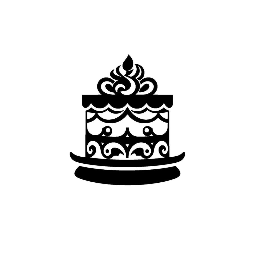 Elegant Black and White Cake Illustration Featuring Ornate Tiered with Swirls and Decorative Details on White Background. vector