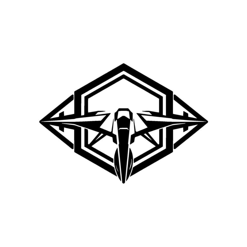 Sleek, symmetrical black and white emblem featuring a stylized jet fighter encased within a diamondshaped and hexagonal geometric frame, reminiscent of a modern . vector