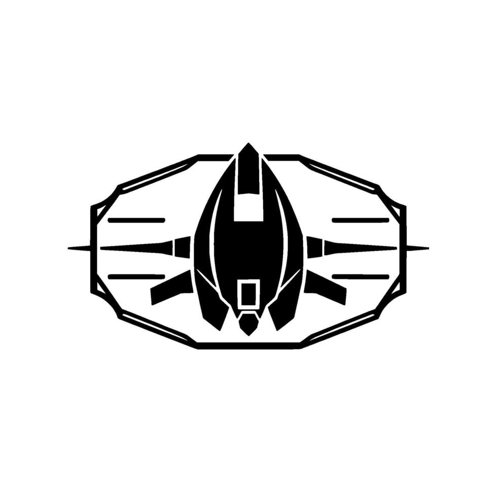 Futuristic Jet in Shieldlike Emblem A stark, symmetrical monochrome featuring a stylized jet fighter within a geometric frame. vector