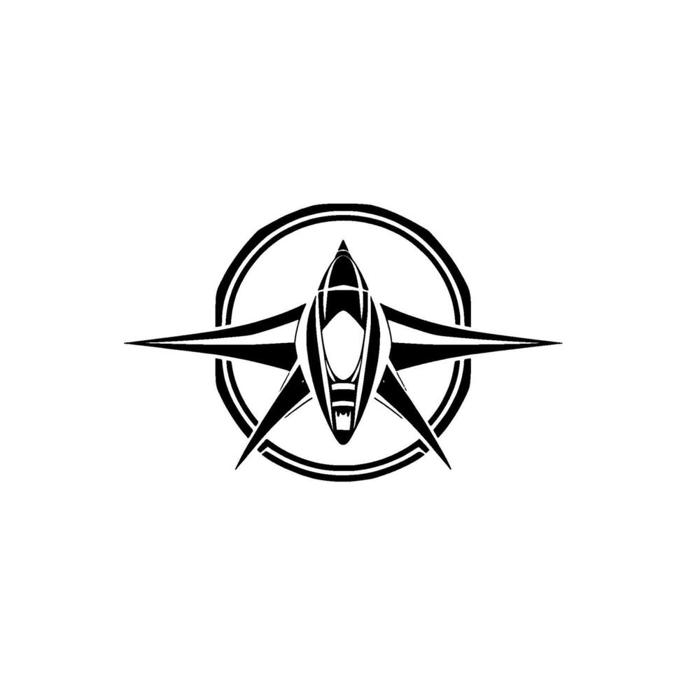 Geometric Minimalist Emblem Futuristic Jet Within a Circular Frame, Monochromatic Style on White Background. vector