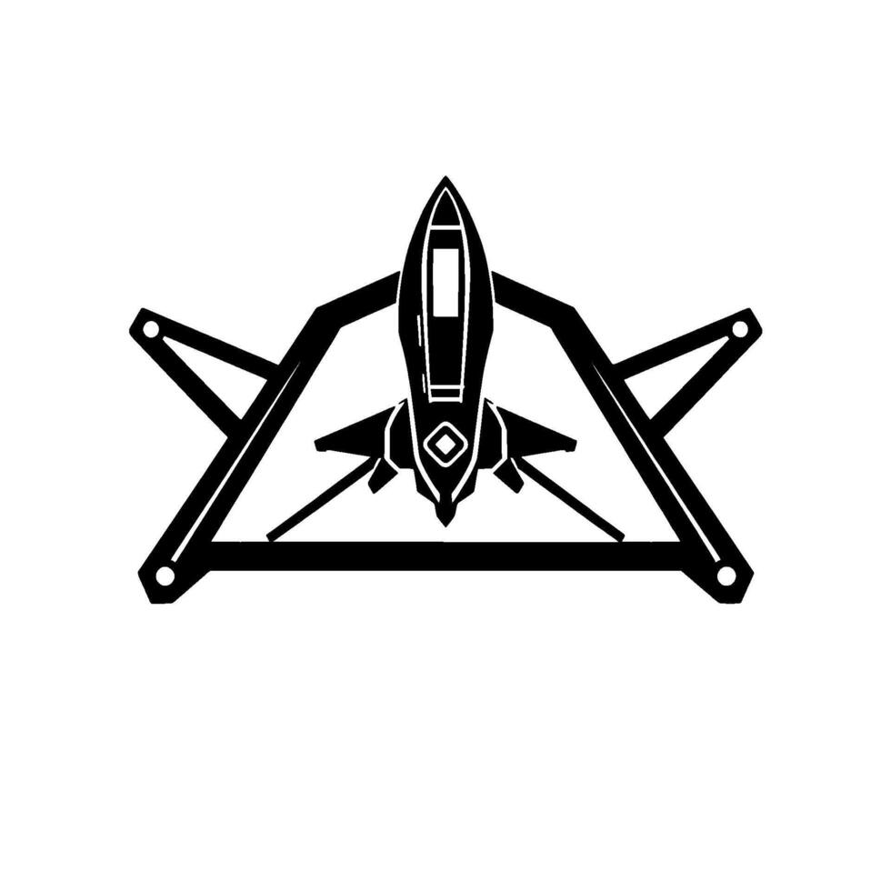 Minimalist Black and White Illustration of a Futuristic Fighter Jet Enclosed within a Geometric Triangular Structure. vector
