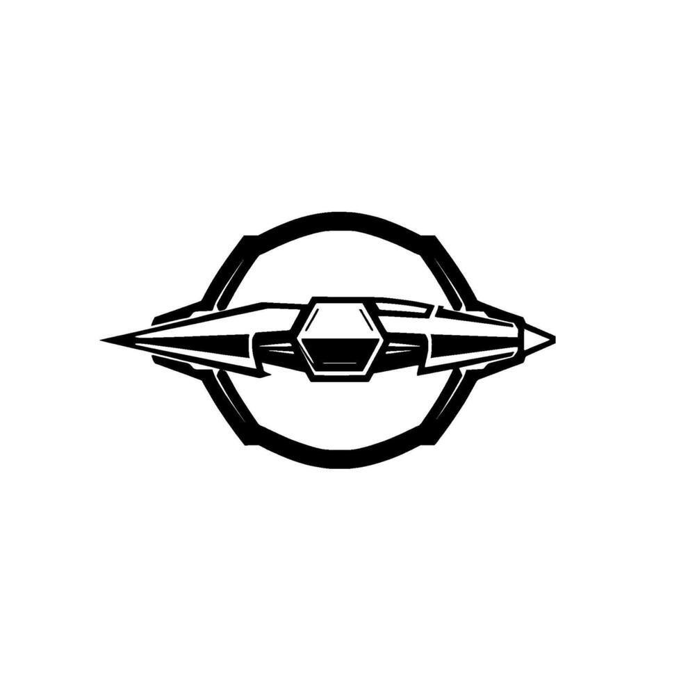 of a stylized spaceship emblem, featuring a central hexagonal form with pointed ends, encased in a dark circular frame against white. vector