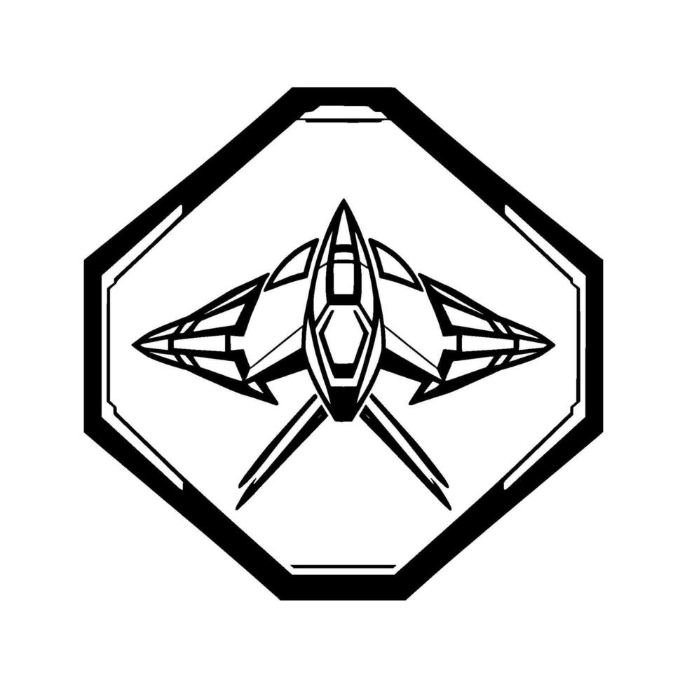 Bold, black and white symmetrical illustration of a futuristic spaceship contained within an octagonal frame, highlighting sharp angles. vector
