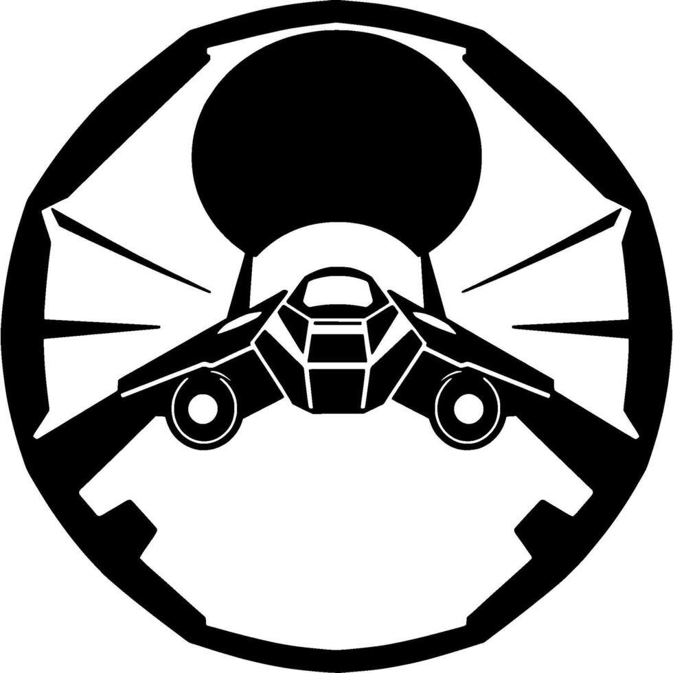 Futuristic Spacecraft Silhouette in an Octagonal Frame, Emerging from a Black Sphere, Illustration. vector