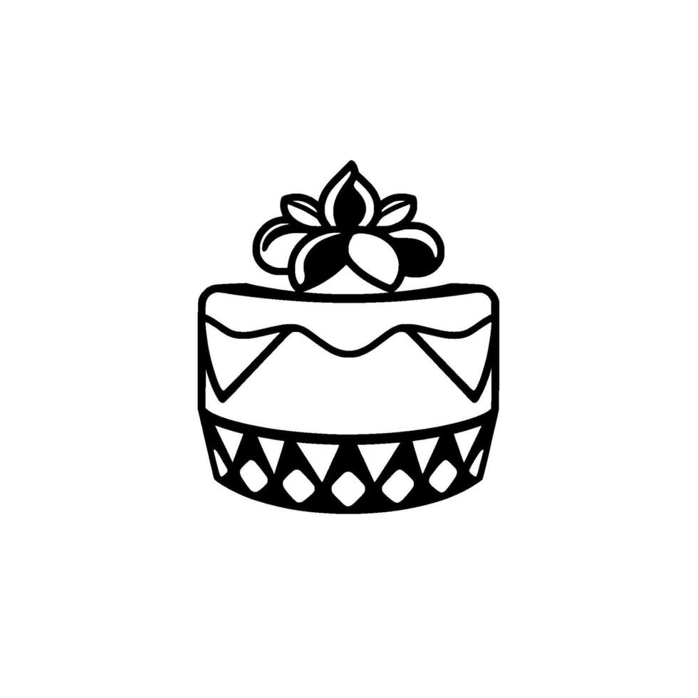 Stylized Black and White Cake Illustration with Floral Topping, Geometric Base and Simple Lines on White Background. vector