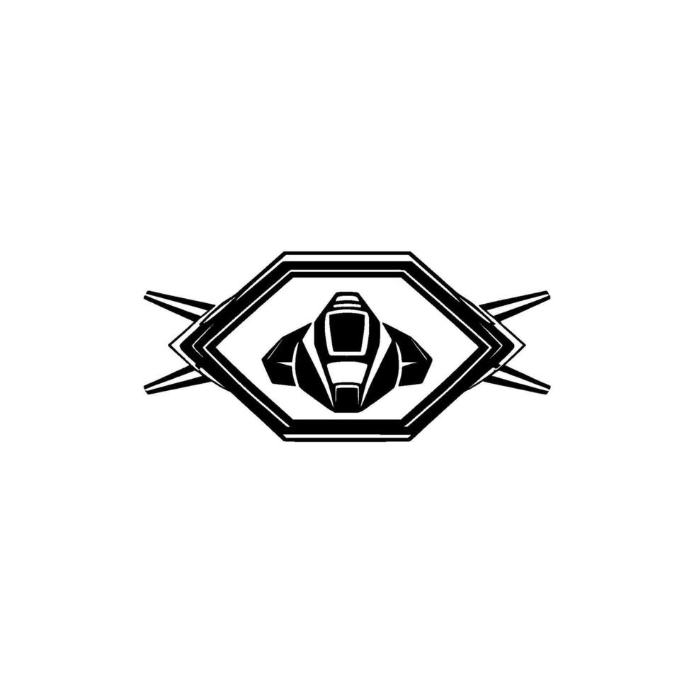 Geometric black and white minimalist illustration featuring a stylized spaceship within a diamond frame, evoking futuristic . vector