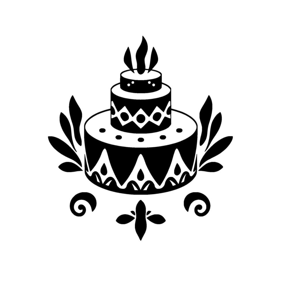Stylized Black and White Illustration of a ThreeTier Cake Adorned with Decorative Patterns and Foliage Elements on White Background. vector