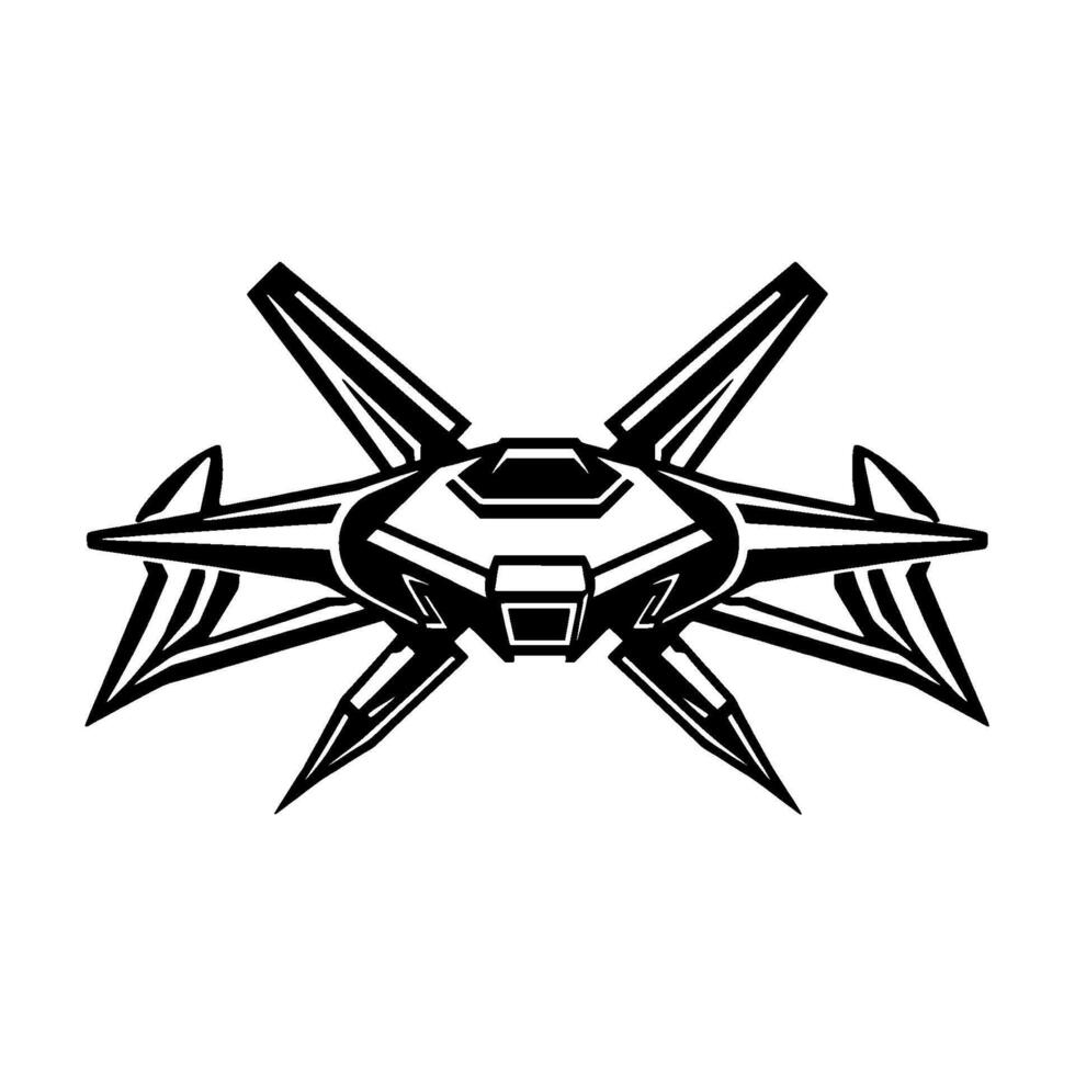 Symmetric black and white digital illustration of a futuristic spacecraft with angled wings and sharp protrusions, on a white background. vector
