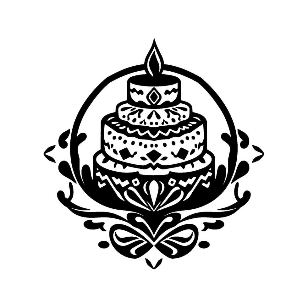 Decorative Black and White Illustration of a Tiered Cake with Floral Elements, Candle Flame, and Ornate Framing. vector