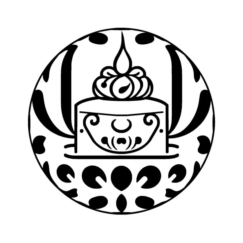 Intricate Black and White Circular Emblem featuring an ornate, tiered cakelike centerpiece surrounded by decorative floral and leaflike elements. vector