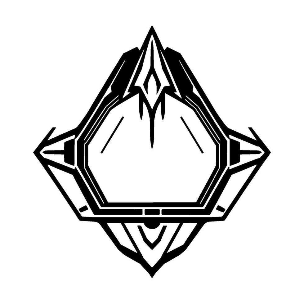Black and white stylized diamondshaped crest with sharp angles and intricate line work, isolated on white. vector
