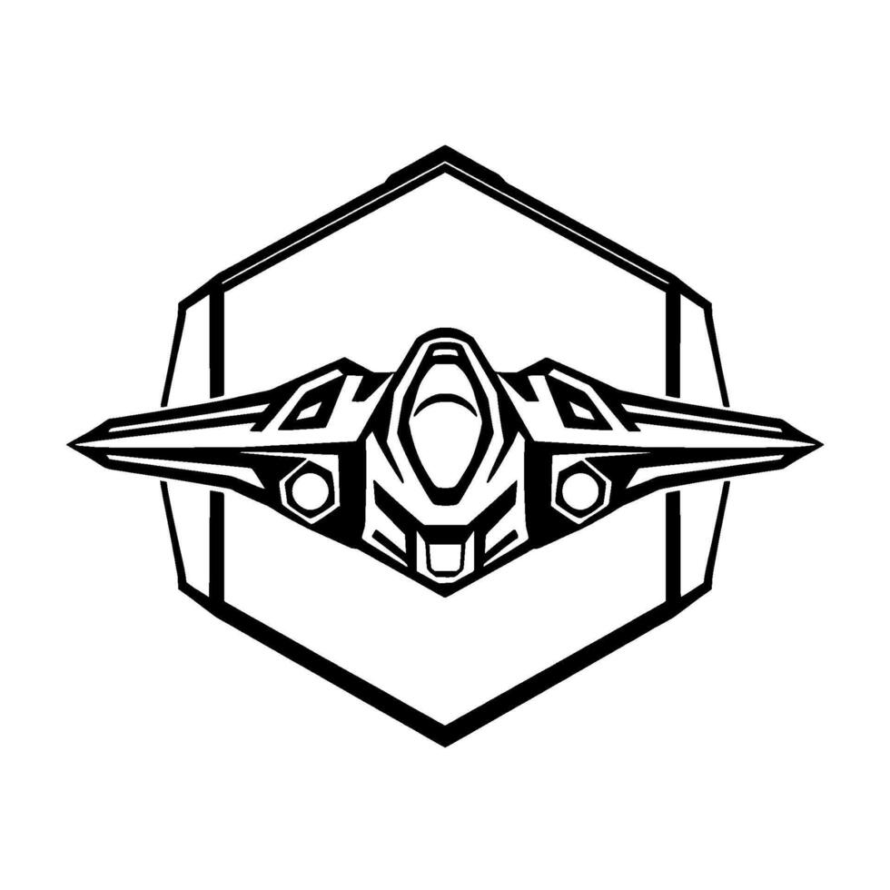 Black and White Illustration of a Futuristic Spacecraft within a Hexagonal Frame, Ideal for Logos and Badges. vector
