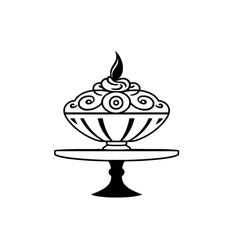 Elegant Black and White Illustration of Ornate Dessert Cup on Pedestal Table with Swirls and Flamelike Detail, Clean Background. vector