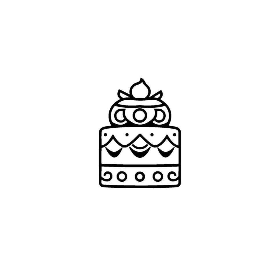 A stylized, minimalist black and white illustration of a tiered cake with ornamental details, set against a clean white background. vector