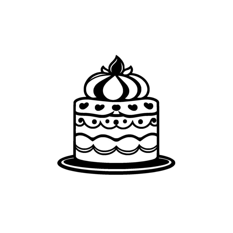 Elegant Black and White Illustration of a Layered Cake with Decorative Hearts, Ornate Details, and a Floral Topper on a Circular Plate. vector