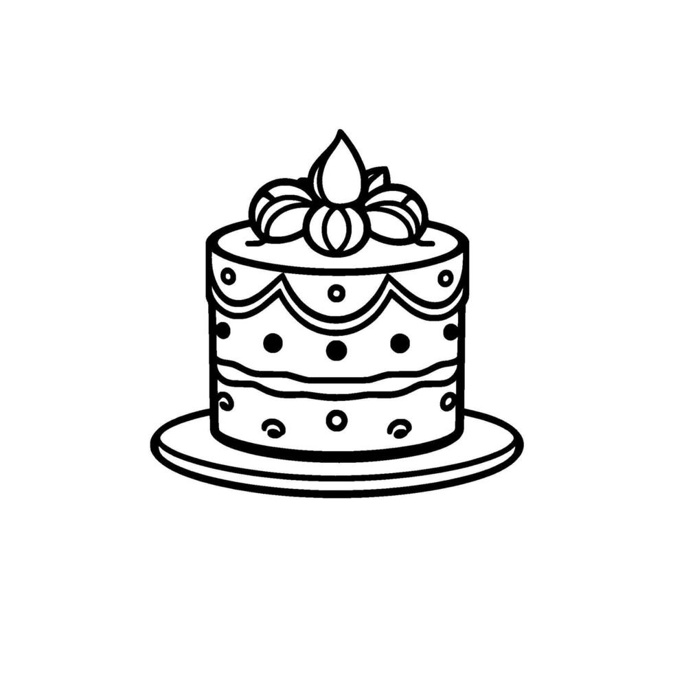 Artistic Black and White Cake Illustration with Floral Topping, Dot Accents, and Scalloped . vector