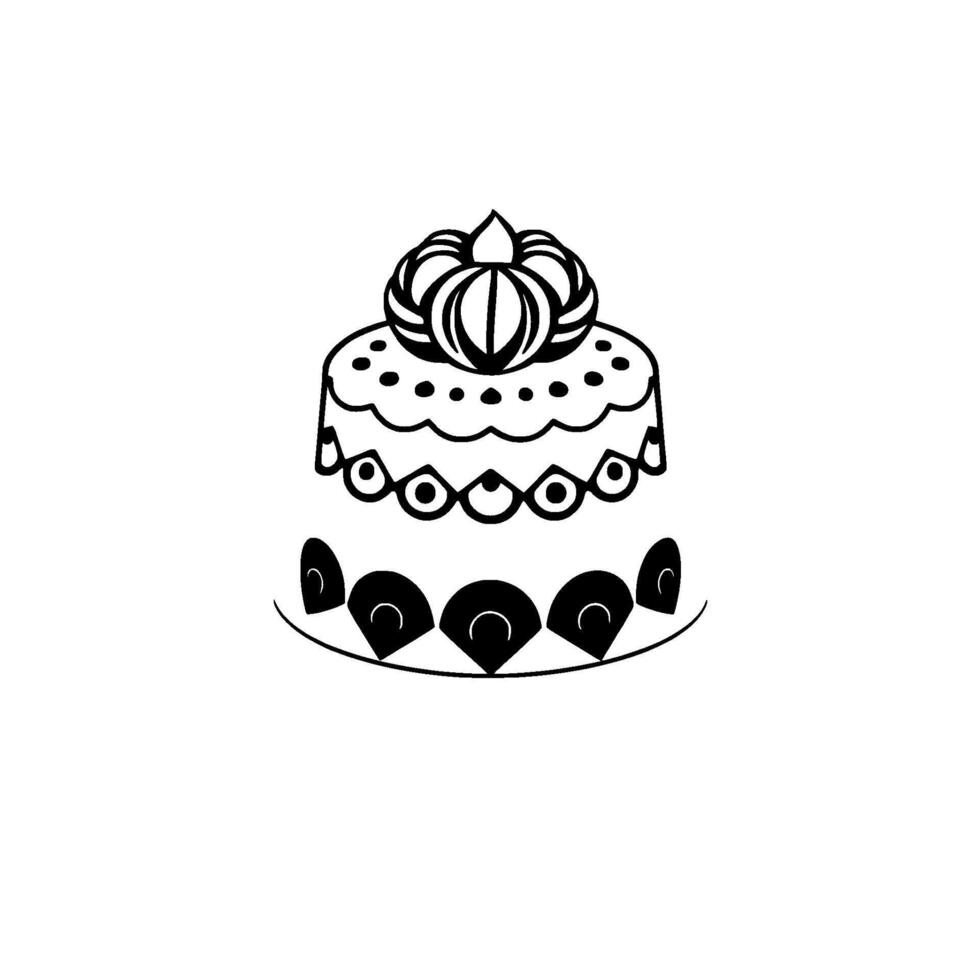 Twotiered ornate black and white cake illustration featuring decorative accents, circles, and a crownlike topping, presented on a plate. vector