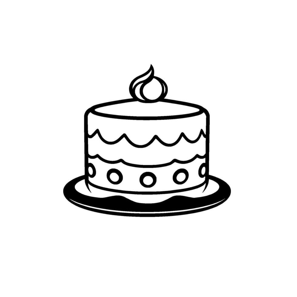 Minimalist Black and White Illustration of a Tiered Cake with Wavy Decorations, Pearllike Candle Flame, and Circular Base. vector