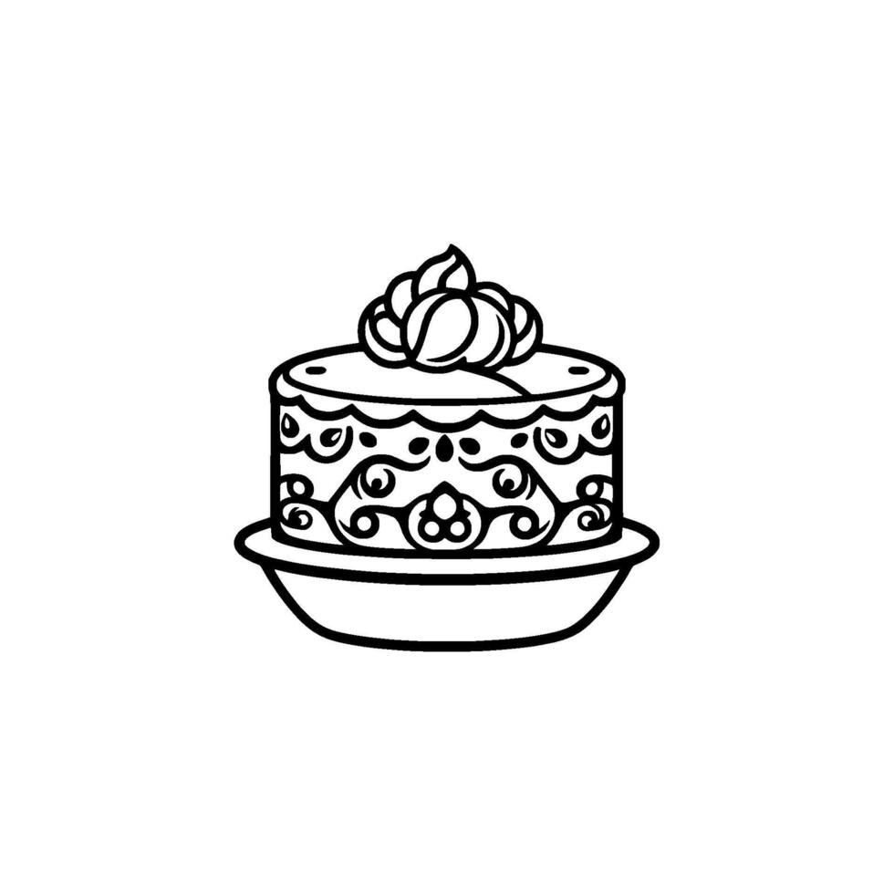 Intricately Designed Cake in a Detailed Black and White Line Art, Topped with Swirled Frosting, Resting on a Plate, Isolated on White. vector