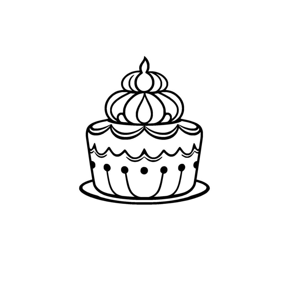 Detailed black and white line art illustration of a round, decorated cake with ornate frosting on a plate, set against a clean white background. vector