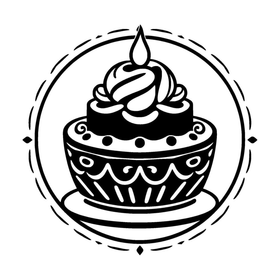 Intricate Black and White Illustration of a Layered Cake with Whipped Cream, Candle, and Decorative Border. vector