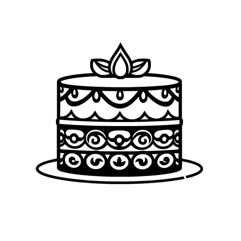 Decorative Black and White Layered Cake with Floral Topper on a Plate, Elegant Illustration. vector